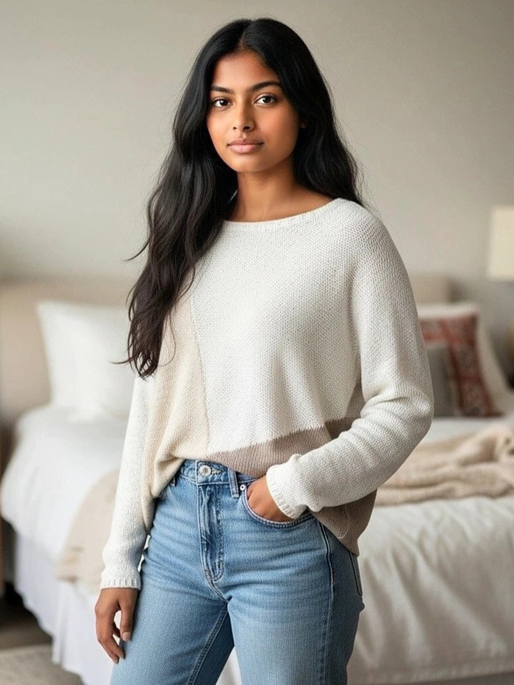 purejill Color Block Knit Sweater Cream XL
